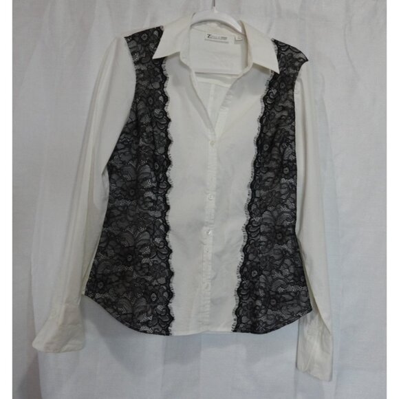 Women's 7th Avenue Design Studio LS White Button-up Shirt Black Lace Accent Sz M - Picture 7 of 7